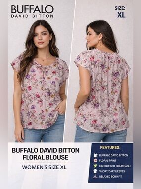 Buffalo David Bitton Floral Blouse Women’s XL Boho Lightweight Short Sleeve Top